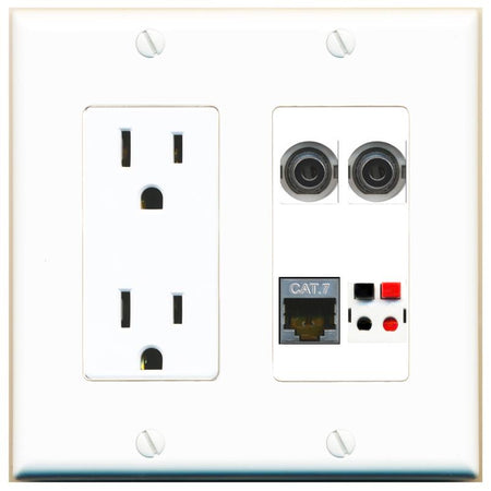 RiteAV 2 3.5mm CAT7 SPEAKER Wall Plate with 15A Power Outlet [White]