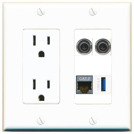 RiteAV 2 3.5mm CAT7 USB-3 Wall Plate with 15A Power Outlet [White]