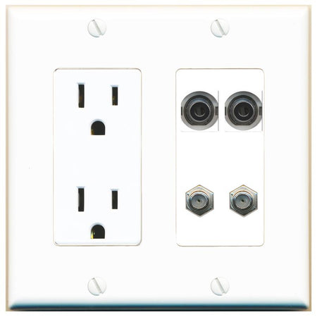 RiteAV 2 3.5mm 2 COAX Wall Plate with 15A Power Outlet [White]