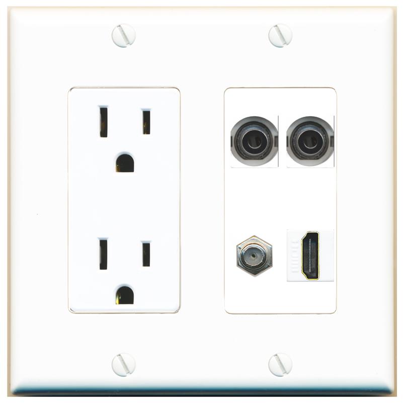 RiteAV 2 3.5mm COAX HDMI Wall Plate with 15A Power Outlet [White]