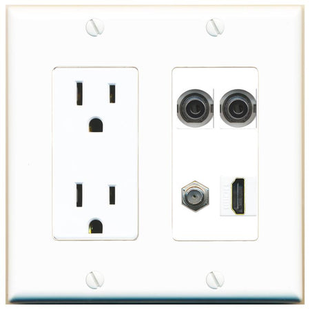 RiteAV 2 3.5mm COAX HDMI Wall Plate with 15A Power Outlet [White]