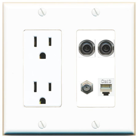 RiteAV 2 3.5mm COAX PHONE Wall Plate with 15A Power Outlet [White]