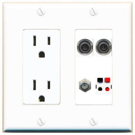 RiteAV 2 3.5mm COAX SPEAKER Wall Plate with 15A Power Outlet [White]
