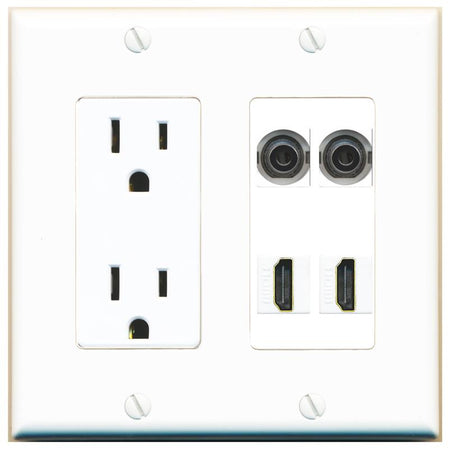 RiteAV 2 3.5mm 2 HDMI Wall Plate with 15A Power Outlet [White]
