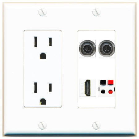 RiteAV 2 3.5mm HDMI SPEAKER Wall Plate with 15A Power Outlet [White]