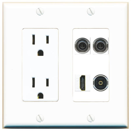 RiteAV 2 3.5mm HDMI TOSLINK Wall Plate with 15A Power Outlet [White]