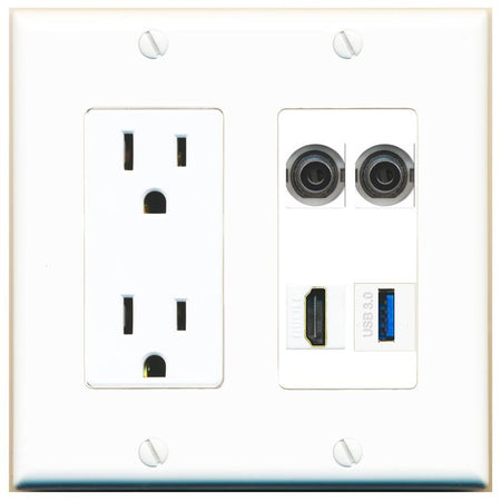 RiteAV 2 3.5mm HDMI USB-3 Wall Plate with 15A Power Outlet [White]