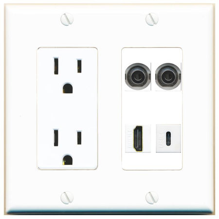 RiteAV 2 3.5mm HDMI USBC Wall Plate with 15A Power Outlet [White]