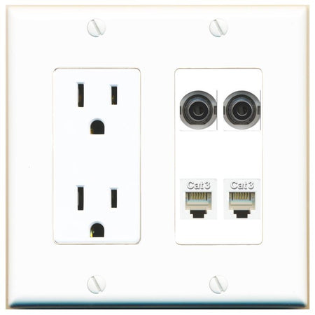 RiteAV 2 3.5mm 2 PHONE Wall Plate with 15A Power Outlet [White]