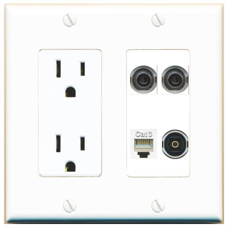 RiteAV 2 3.5mm PHONE TOSLINK Wall Plate with 15A Power Outlet [White]
