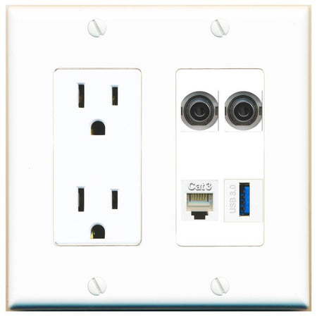 RiteAV 2 3.5mm PHONE USB-3 Wall Plate with 15A Power Outlet [White]