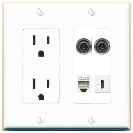 RiteAV 2 3.5mm PHONE USBC Wall Plate with 15A Power Outlet [White]