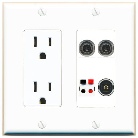 RiteAV 2 3.5mm SPEAKER TOSLINK Wall Plate with 15A Power Outlet [White]