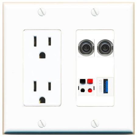RiteAV 2 3.5mm SPEAKER USB-3 Wall Plate with 15A Power Outlet [White]