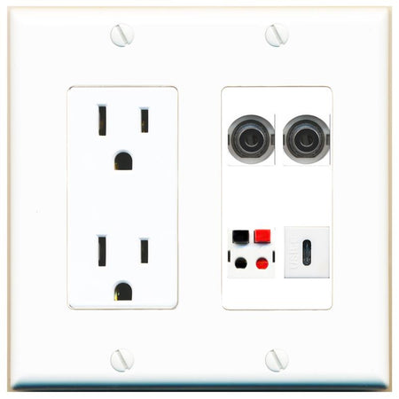 RiteAV 2 3.5mm SPEAKER USBC Wall Plate with 15A Power Outlet [White]