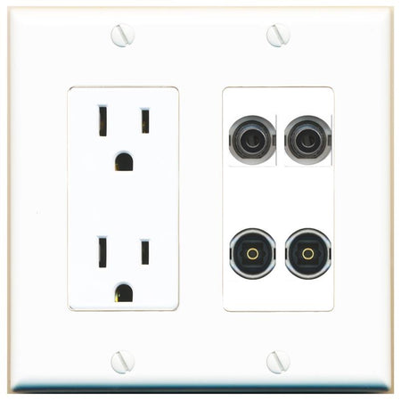 RiteAV 2 3.5mm 2 TOSLINK Wall Plate with 15A Power Outlet [White]
