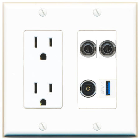 RiteAV 2 3.5mm TOSLINK USB-3 Wall Plate with 15A Power Outlet [White]