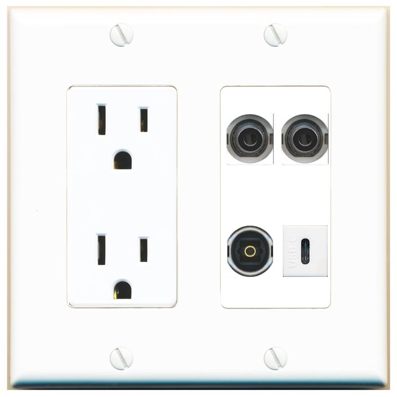 RiteAV 2 3.5mm TOSLINK USBC Wall Plate with 15A Power Outlet [White]