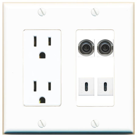 RiteAV 2 3.5mm 2 USBC Wall Plate with 15A Power Outlet [White]