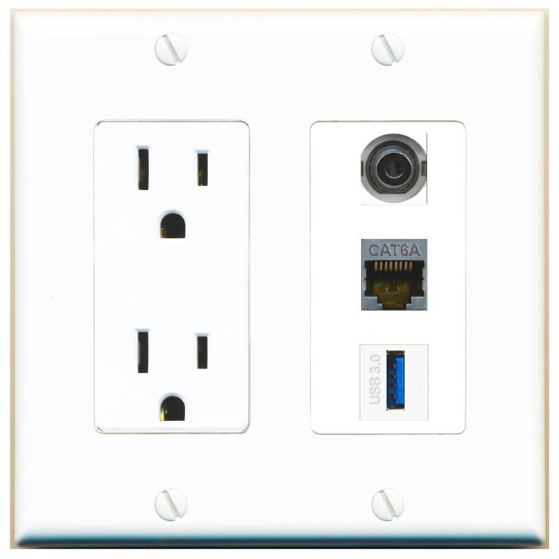 1 3.5mm 1 CAT6A 1 USB-3 Wall Plate [White]