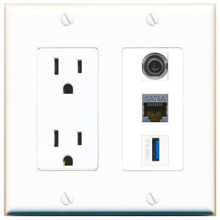1 3.5mm 1 CAT6A 1 USB-3 Wall Plate [White]