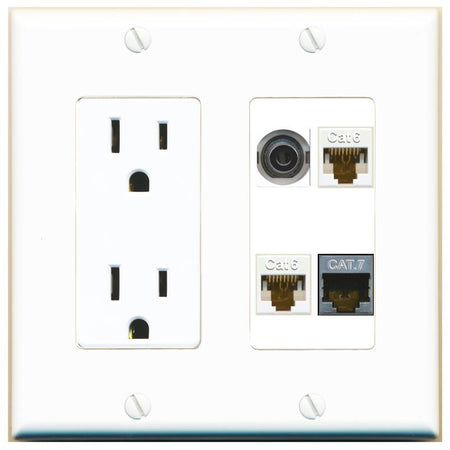 RiteAV 3.5mm 2 CAT6 CAT7 Wall Plate with 15A Power Outlet [White]