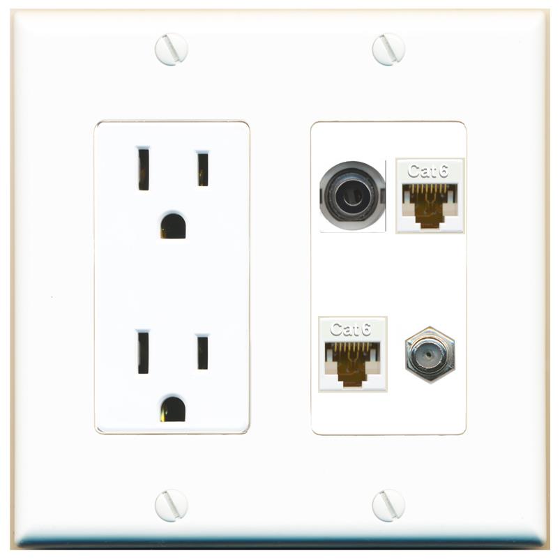 RiteAV 3.5mm 2 CAT6 COAX Wall Plate with 15A Power Outlet [White]