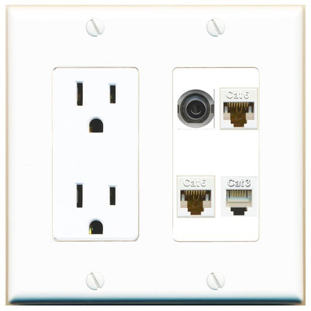 RiteAV 3.5mm 2 CAT6 PHONE Wall Plate with 15A Power Outlet [White]