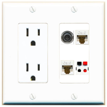RiteAV 3.5mm 2 CAT6 SPEAKER Wall Plate with 15A Power Outlet [White]