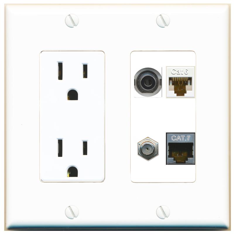RiteAV 3.5mm CAT6 CAT7 COAX Wall Plate with 15A Power Outlet [White]