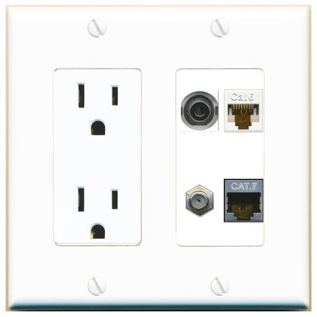 RiteAV 3.5mm CAT6 CAT7 COAX Wall Plate with 15A Power Outlet [White]
