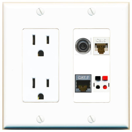 RiteAV 3.5mm CAT6 CAT7 SPEAKER Wall Plate with 15A Power Outlet [White]