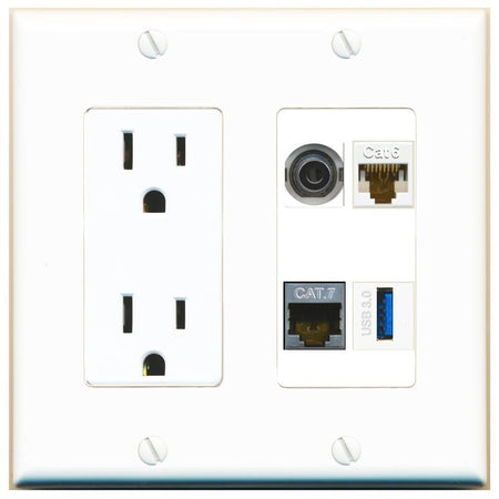 RiteAV 3.5mm CAT6 CAT7 USB-3 Wall Plate with 15A Power Outlet [White]