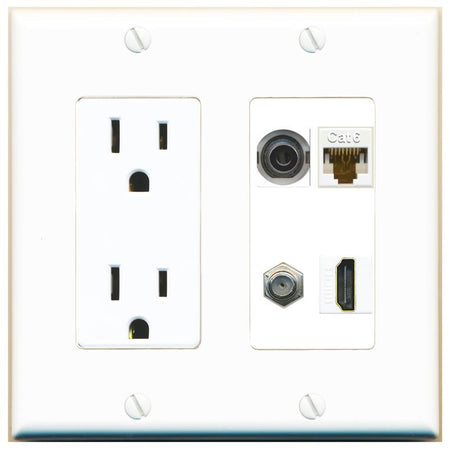 RiteAV 3.5mm CAT6 COAX HDMI Wall Plate with 15A Power Outlet [White]