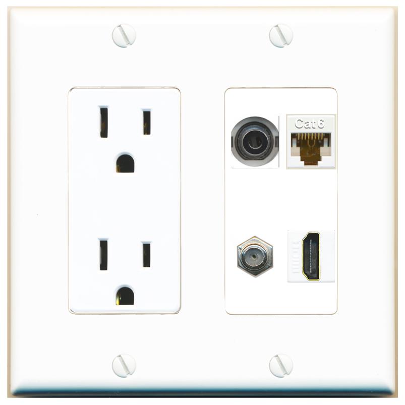 RiteAV 3.5mm CAT6 COAX HDMI Wall Plate with 15A Power Outlet [White]