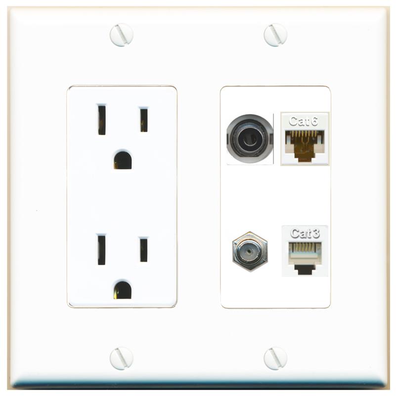 RiteAV 3.5mm CAT6 COAX PHONE Wall Plate with 15A Power Outlet [White]