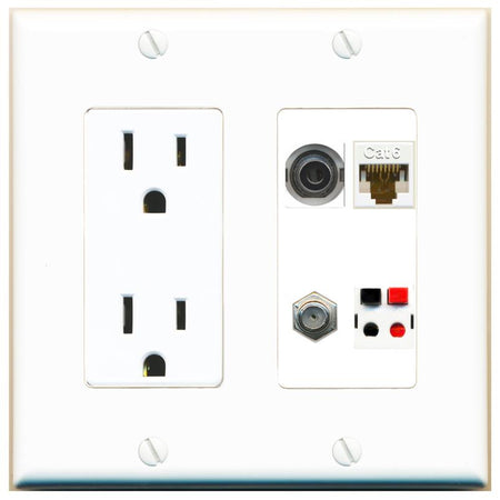 RiteAV 3.5mm CAT6 COAX SPEAKER Wall Plate with 15A Power Outlet [White]