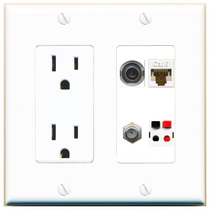 RiteAV 3.5mm CAT6 COAX SPEAKER Wall Plate with 15A Power Outlet [White]