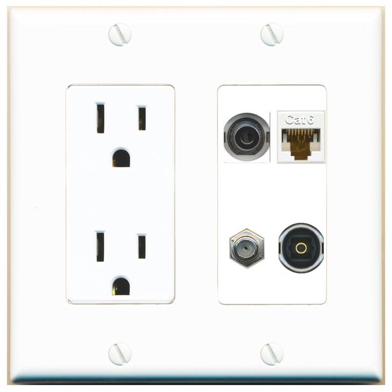 RiteAV 3.5mm CAT6 COAX TOSLINK Wall Plate with 15A Power Outlet [White]