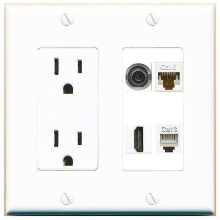 RiteAV 3.5mm CAT6 HDMI PHONE Wall Plate with 15A Power Outlet [White]