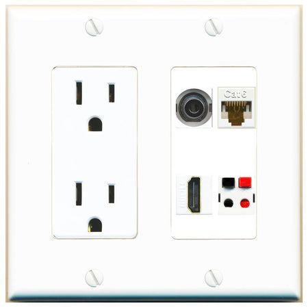 RiteAV 3.5mm CAT6 HDMI SPEAKER Wall Plate with 15A Power Outlet [White]
