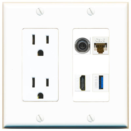 RiteAV 3.5mm CAT6 HDMI USB-3 Wall Plate with 15A Power Outlet [White]
