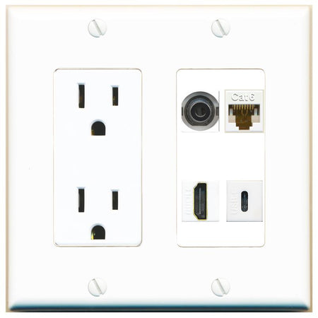 RiteAV 3.5mm CAT6 HDMI USBC Wall Plate with 15A Power Outlet [White]