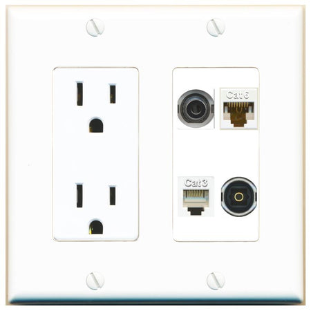 RiteAV 3.5mm CAT6 PHONE TOSLINK Wall Plate with 15A Power Outlet [White]