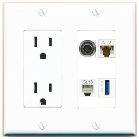 RiteAV 3.5mm CAT6 PHONE USB-3 Wall Plate with 15A Power Outlet [White]
