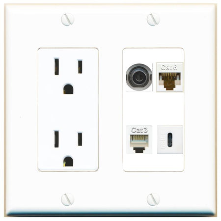RiteAV 3.5mm CAT6 PHONE USBC Wall Plate with 15A Power Outlet [White]