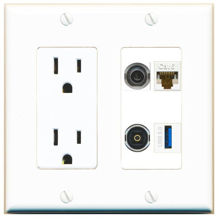RiteAV 3.5mm CAT6 TOSLINK USB-3 Wall Plate with 15A Power Outlet [White]