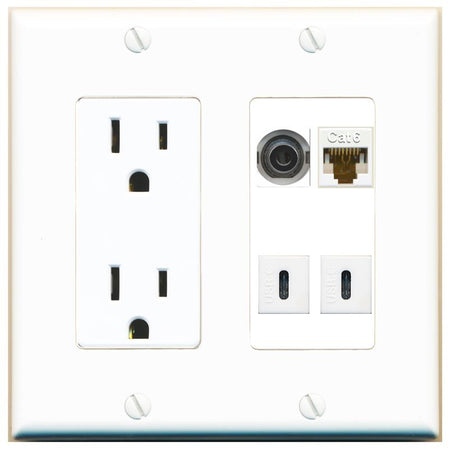 RiteAV 3.5mm CAT6 2 USBC Wall Plate with 15A Power Outlet [White]