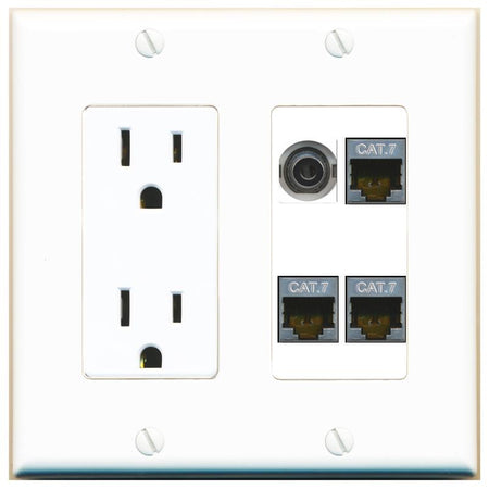 RiteAV 3.5mm 3 CAT7 Wall Plate with 15A Power Outlet [White]