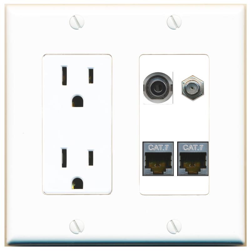 RiteAV 3.5mm 2 CAT7 COAX Wall Plate with 15A Power Outlet [White]